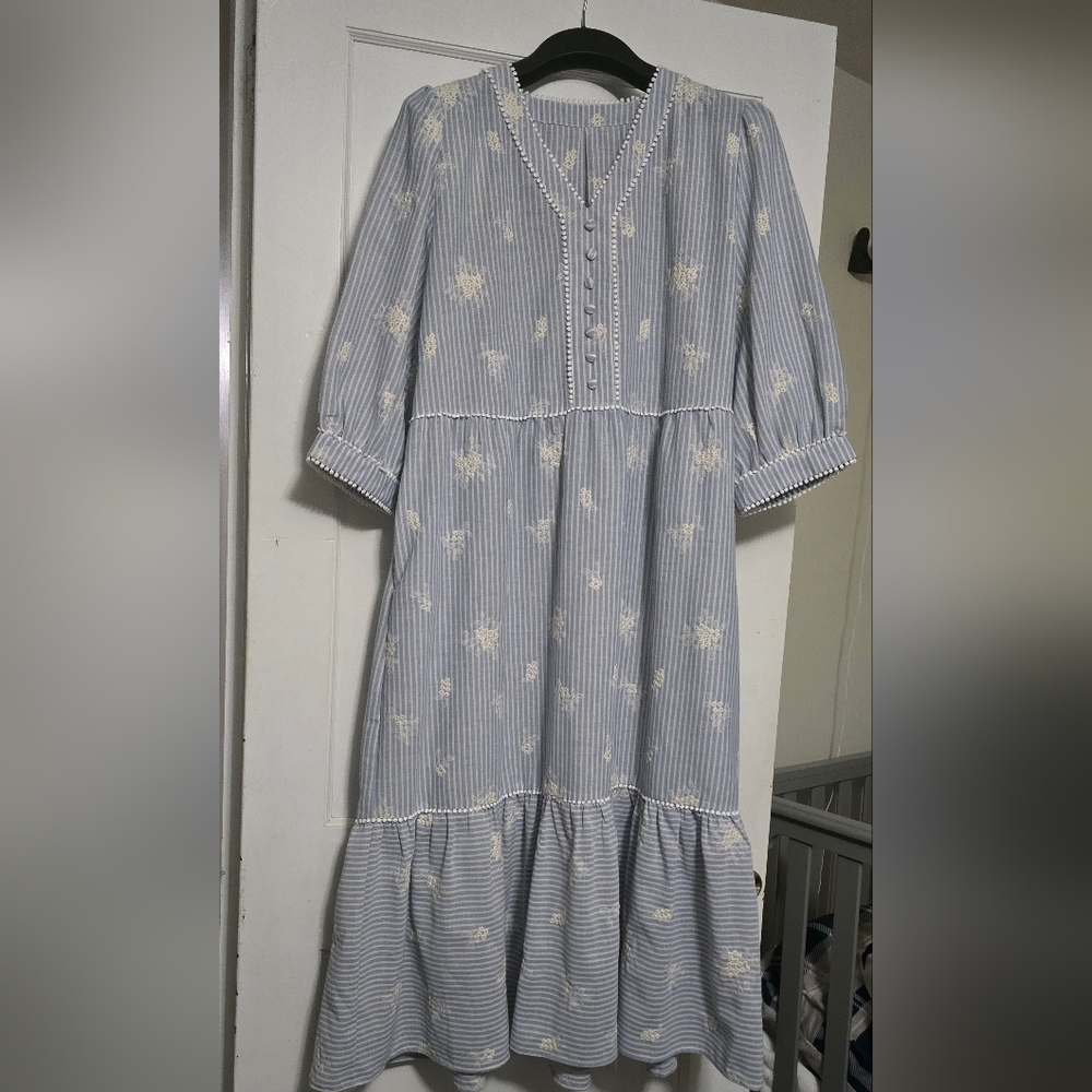 Light Blue Striped Embroidered Maxi Dress
